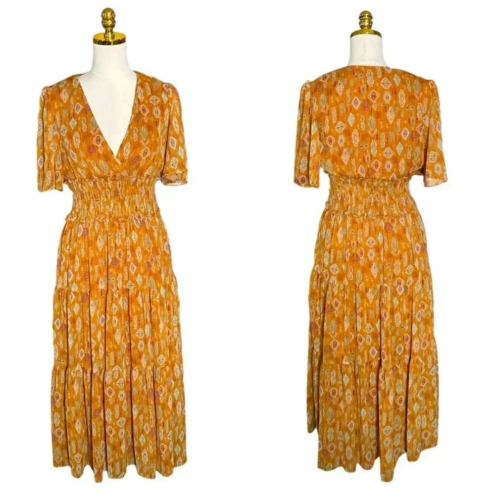 TAYLOR | Smocked Waist Brown Cottagecore Fit-And-Flare Tiered Midi Dress Size S - Picture 3 of 14